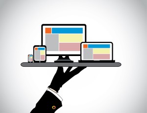 Hand Presenting Desktop Computer Laptop Tablet & Smart Phone. We